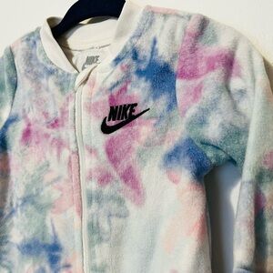 NIKE Infant Girls Fleece Full Zip Sleeper Tie Dye Pastel EUC Fold Over Mittens